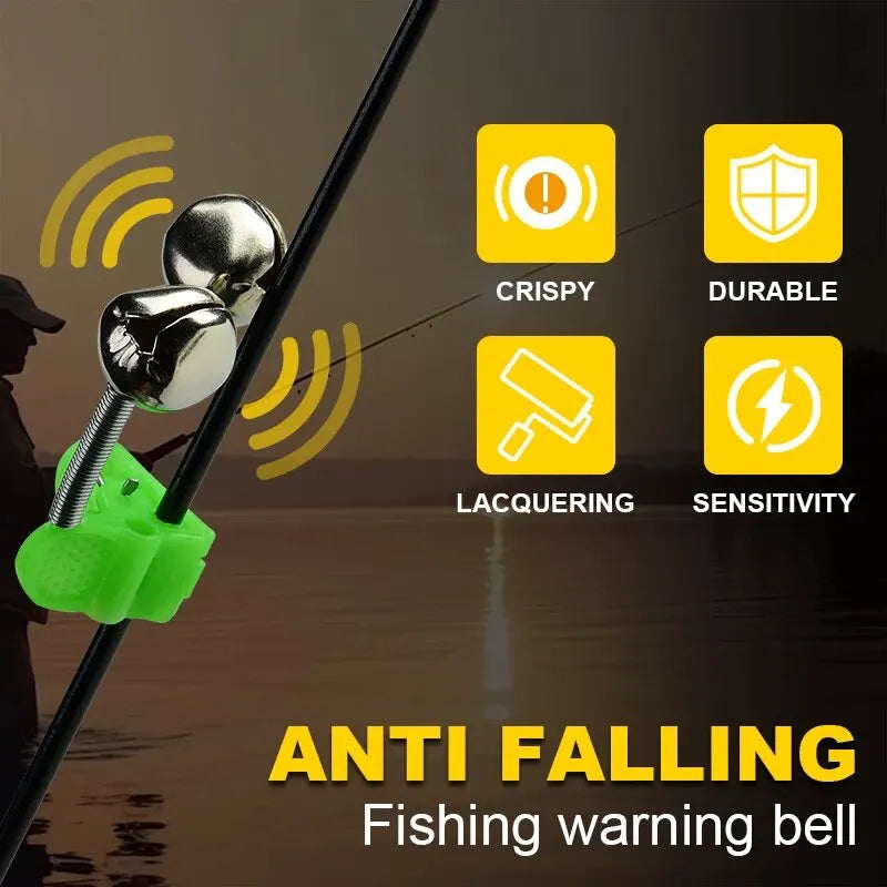 Kit 5 pçs alarme sonoro para fisgada de peixe, alarme de mordida de pesca, para vara de pesca sino braçadeira ponta clipe sinos anel verde abs
